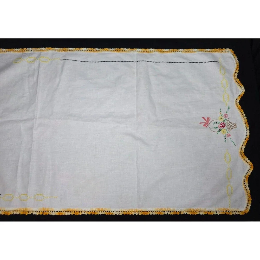 Vintage Embroidered Table Runner – Yellow Floral with Crochet Trim – 19.5